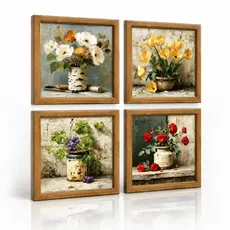 Kit 4 Quadros Decorativos Flores Vintage Rústico Floral Sala Quarto Cozinha Parede Madeira Decoração Casa Retrô Boho MDF