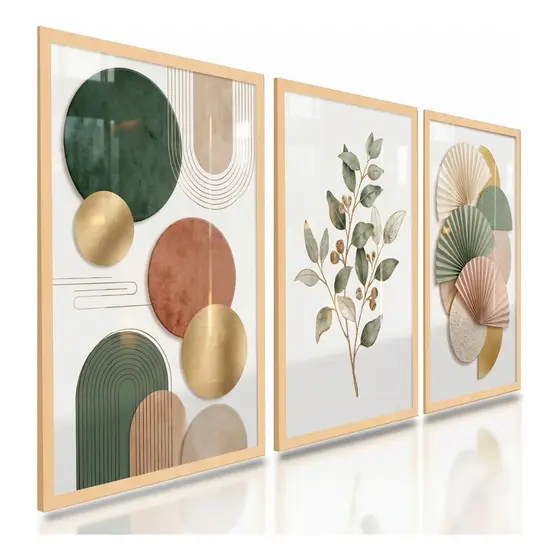 Kit Trio 3 Quadros Abstratos Verde Dourado Folhagens Botânico Geométrico Moderno
