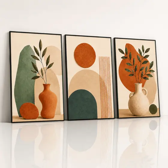 Kit 3 Quadros Decorativos Abstratos Boho Terracota Verde Vasos Folhagens Geométricos Para Sala Quarto Escritório Parede