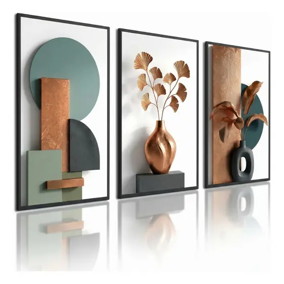 Kit 3 Quadros Decorativos Verde Cobre Dourado Vasos Folhagens Abstrato Sala Luxo