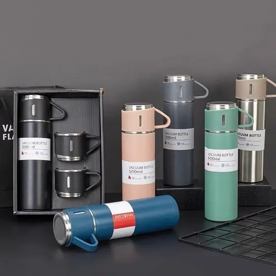 caneca Kit Garrafa Térmica Vacuum Bottle Inox 500ml um ou 3 Xícaras Bebidas Fria ou Quente