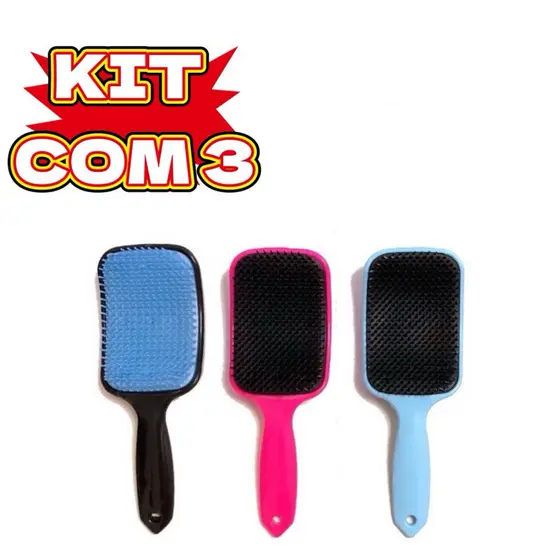 kit com 3 Escovas De Cabelo Raquete Almofadada