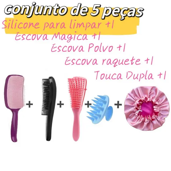 1 Esvova Raquete + 1 Escova Mágica + 1 Escova Polvo +1  Silicone para limpar cabelo +1 Touca Dupla