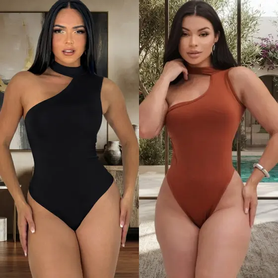 Body Feminino Gola Alta Moderno Mula Manca Bojo Um Ombro Só Casual Elegante Trend