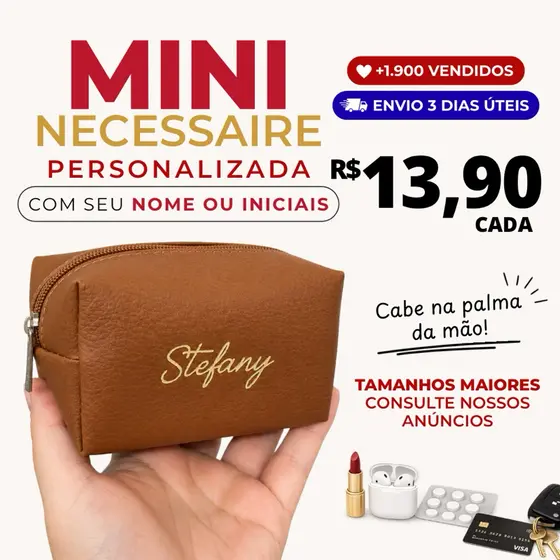 Kit 10/15 Mini Necessaire Feminina Personalizada Nome ou Inicial Box Organizador de Bolsa Porta Maquiagem Porta moedas