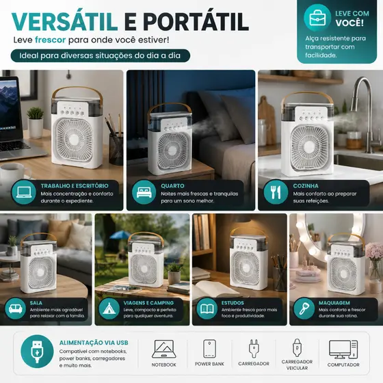 Ventilador Branco Umidificador Portátil USB com Ajuste de Intensidade,Luz LED, Alça de Transporte CH