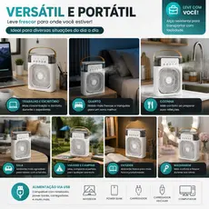 Ventilador Branco Umidificador Portátil USB com Ajuste de Intensidade,Luz LED, Alça de Transporte CH