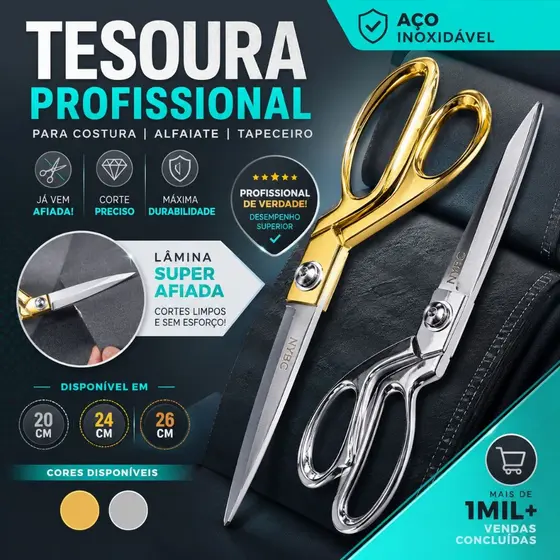 Tesoura Dourada de Uso Profissional para Costureira - Tapeceiro Forjada Alfaiate - CH