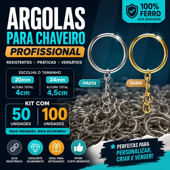 Argola Para Chaveiro Com Corrente - Tamanhos: 20mm / 24mm  - Pacote Com 50 / 100 Unidades - CH