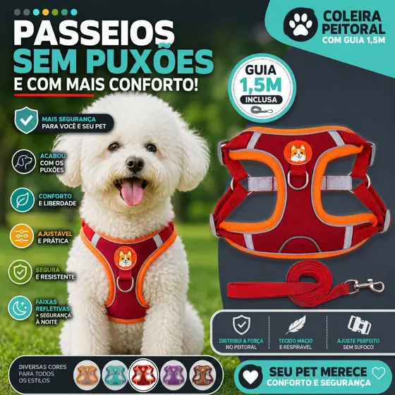 Coleira Peitoral Pet Confortável + Guia 1,5m | Passeios Sem Puxões | Para Cães e Gatos Pequenos - CH