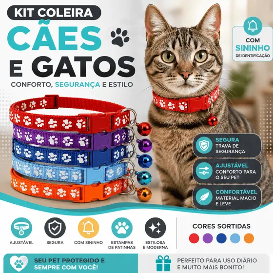 Coleira Pet Com Sino Ajustável Para Cães e Gatos Segura e Confortável - CH