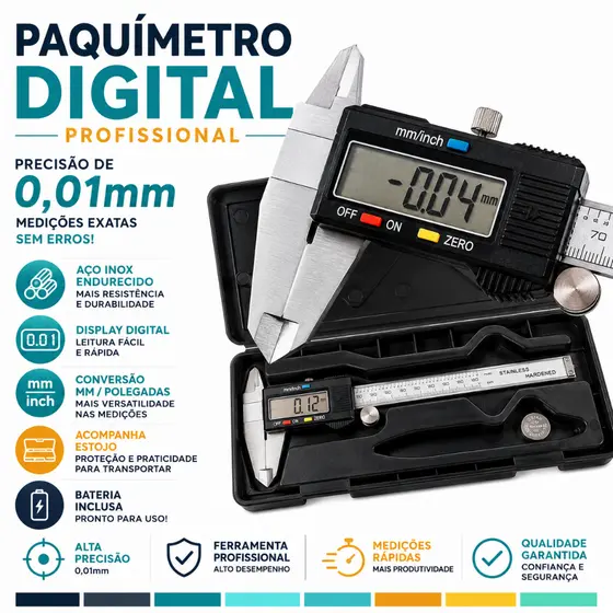 Paquímetro Digital Ferramenta Profissional Inox com Bateria Extra e  Estojo 150mm Universal Inox -CH