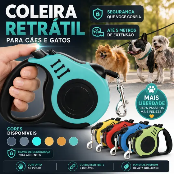 Coleira Pet Guia Retrátil 5 Metros Com Trava Resistente e Segura Para cães e Gatos - CH