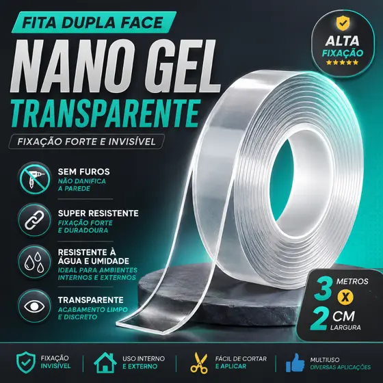 Fita Dupla Face Extra Forte Transparente NanoGel Silicone Mágica Adesiva - 3 Metros -CH