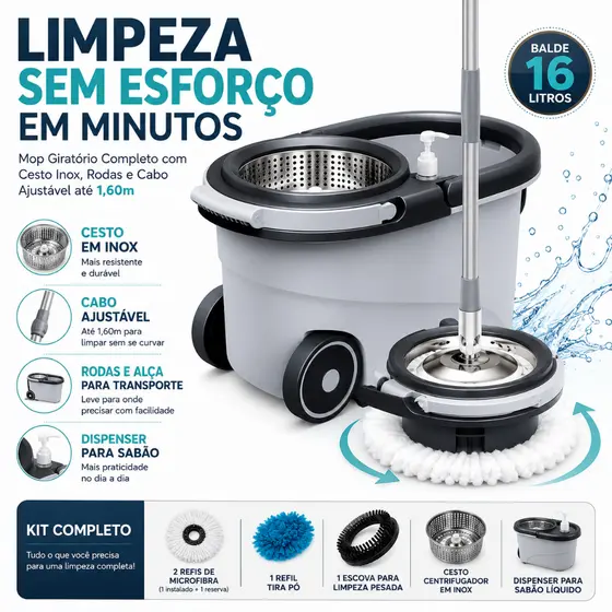 Mop Giratório Com Cesto Em Inox Cinza - Cabo 150cm - Completo - CH