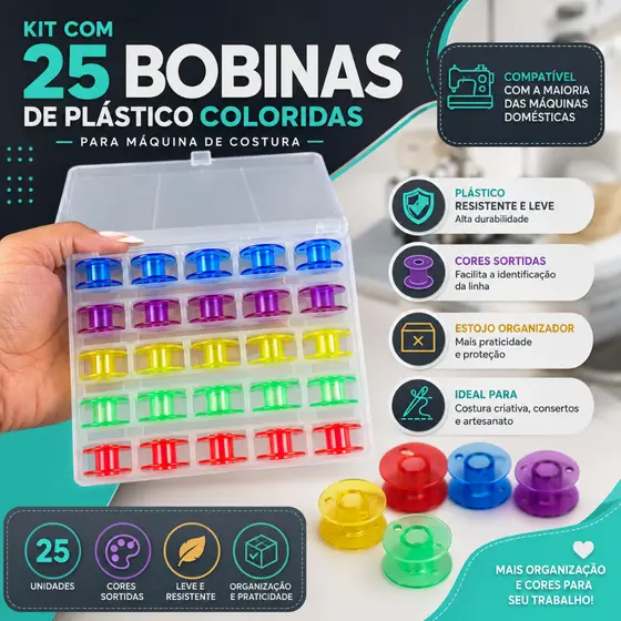 Kit com 25 Bobinas de Plástico Coloridas para Máquina de Costura - CHAIN