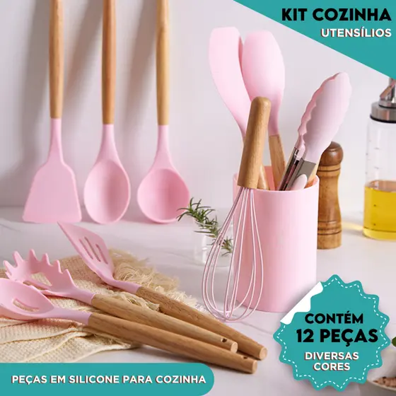 Kit Utensílios de Cozinha  Com 5/12 Peças em Silicone com Cabo de Madeira Completo  - CH