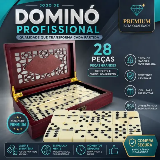 Domino De Osso Profissional Maleta Luxo Com 28 Peças Caixa De Madeira - CH