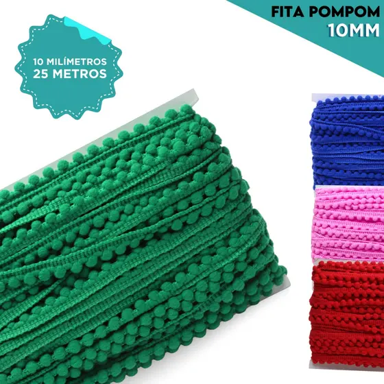 Fita Pompom 10mm C/25 Metros | Para Aplicação em Fantasias, Tiaras, Roupas - CH