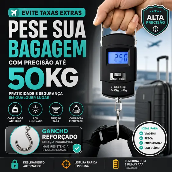 Balança De Bagagem Digital De Mão Com Gancho Até 50kg - CH