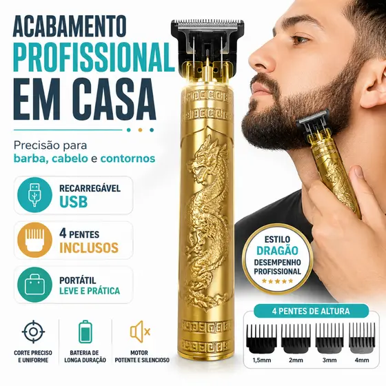 Máquina de Cortar Cabelo e Barba Profissional Recarregável USB Dragão 4 Pentes Lâmina de Aço - CHAI