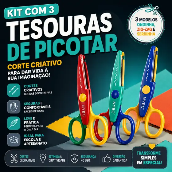 Kit Tesouras de Picotar Artesanato Escolar Scrapbook Papel EVA Corte Criativo Ondinha Zig-Zag - CHAI