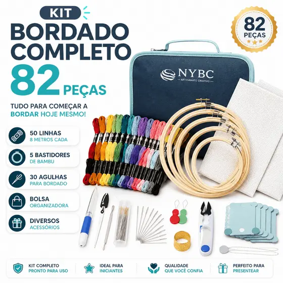 Kit Bordado Completo 82 Peças com Linhas Agulhas Bastidor Bolsa ideal Para Costura e Ponto Russo -CH