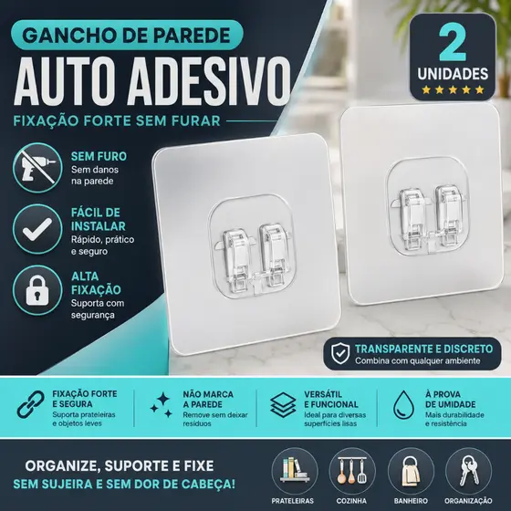 Gancho de Parede Transparente Auto Adesivo Para Prateleira Não Marcante Forte Fixação sem Furo -CH