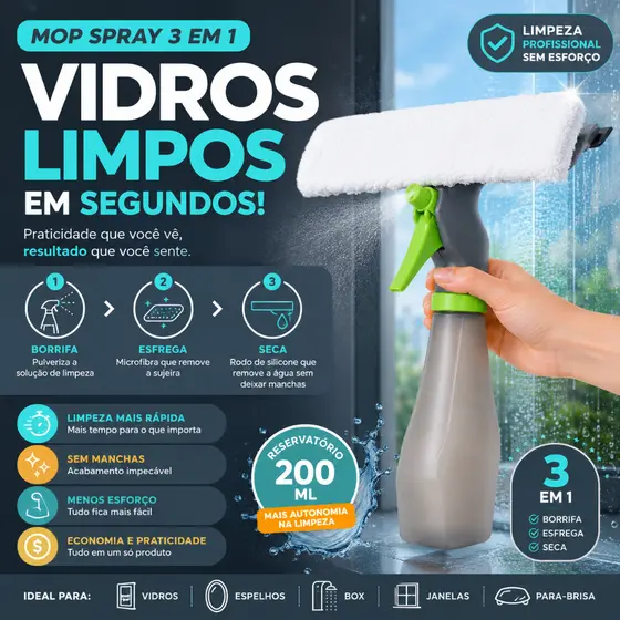 Rodo Mop Spray Limpa Vidro 3 em 1 200ml Borrifa Limpa e Seca Limpador de Vidros com Reservatório -CH
