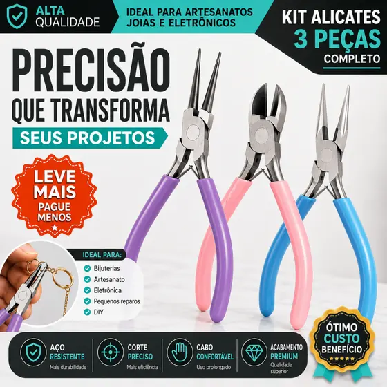 Kit Alicates para Bijuteria 3 Peças Bico Redondo Bico Fino Corte Artesanato Joias DIY Ferramentas CH