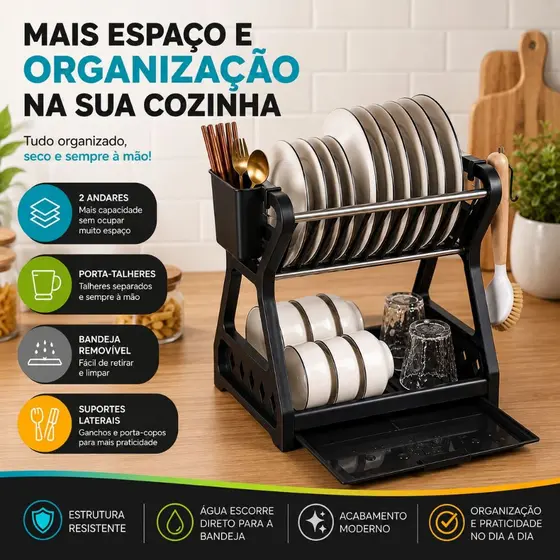 Escorredor de Louças 2 Andares com Porta Talheres Bandeja Removível Porta Talheres Pratos Copos - CH