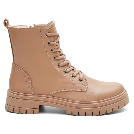 Coturno Feminino Couro Legítimo Cano Médio Amendoa Sola Tratorado Modelo Estilo Vintage