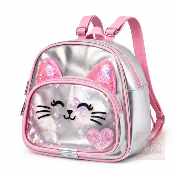 Mochila Infantil Gatinha Rosa Escolar Menina Passeio Creche Lancheira Alça Regulável Glitter Fofa