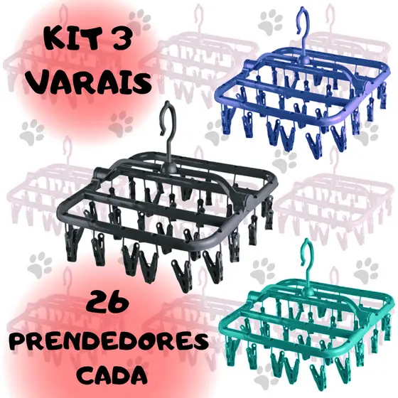 Kit 3 Varal Roupas Íntimas Retrátil 26 Prendedores Varal de Calcinhas Meias Cuecas Lavanderia