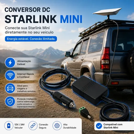 Conversor veicular 12V e 24V para 48V Para Starlink cabo 2m