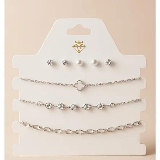 Conjunto Feminino Brincos e Colar 6 Peças Modernas Prata e Dourado 3 brinco 3 Colar Sortidos