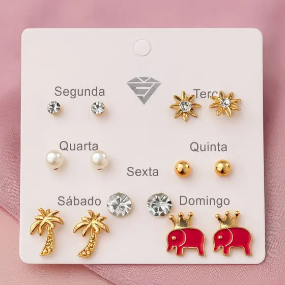 Conjunto 7 Brinquinhos Feminino Sortido Cartela Dourado Prateado