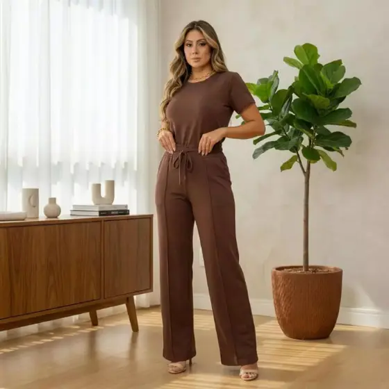 Conjunto Feminino Moletinho Calça  Wide Leg Pantalona Confortável Moda Casual