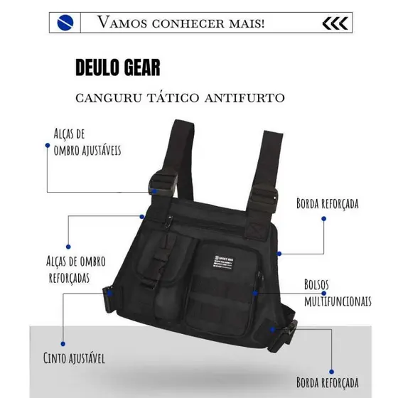 DUELO GEAR| Canguru Tático Antifurto - Várias Bolsas com Zíper Seguro, Preto Resistente para Motoboy, Viagem e Dia a Dia