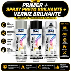 Kit Primer Preto Brilhante e Verniz Brilhante 350ml Tekbond Aerossol Secagem Rapida Metal Madeira