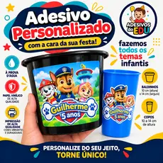 Adesivo Rótulo P Baldinho de Festa Infantil 1,5L e 1,0L Qualquer Tema Tamanho 10x14cm Prova Dágua