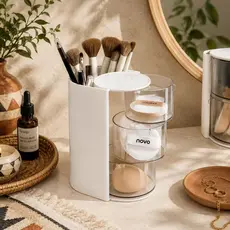 ✨ Organizador de Maquiagem Giratório Rosa | Porta Pincéis e Esponjas com Gavetas Transparentes 💄