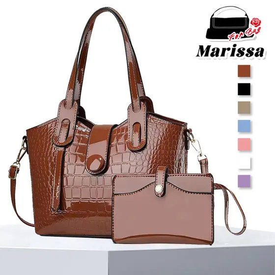 Marissa Bolsa Tote em Couro Brilhante com Alça de Mão + Bolsa Adicional - Bolsa de Ombro/Transversal