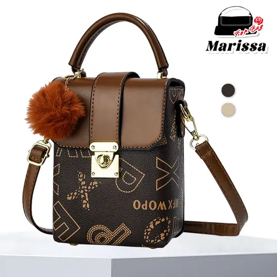 Marissa Bolsa Transversal Feminina Padrão Letras Vintage Ombreira Pompom Diária Lazer Compacta