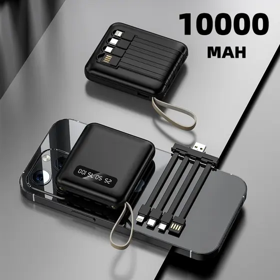 Carregador Portátil 10000mah com 4 cables de carga rápida Banco de energía digital LED