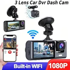 Câmera Veicular Full HD 1080p 3 Lentes (Frontal + Interna + Traseira) com Tela LCD | DVR Automotivo com Visão Noturna