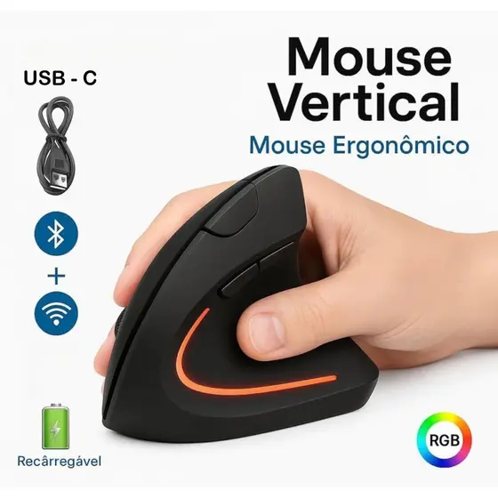 Mouse Vertical Ergonômico Sem Fio Recarregável USB Bluetooth Silencioso Ortopédico Mão Direita PC Gamer Super