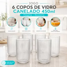 Jogo 6 Copos de Vidro Canelado 450ml Elegante Resistente para Água Suco e Drinks