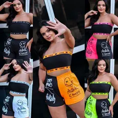 Short Tactel Femenino Carinha Estampado Moda gringa