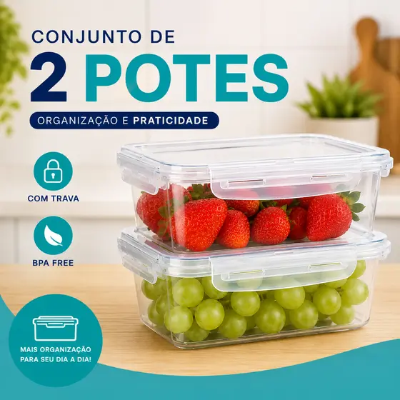 Kit 2 Potes Conjunto Vasilhas Alimentos Marmitinhas Plástico Empilháveis 800ml Com Trava e Sem Trava